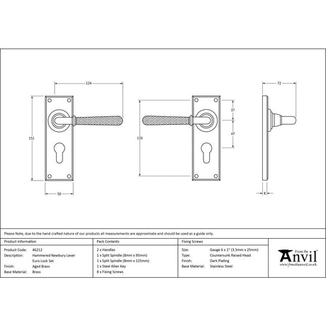 This is an image showing From The Anvil - Aged Brass Hammered Newbury Lever Euro Lock Set available from trade door handles, quick delivery and discounted prices