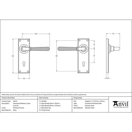 This is an image showing From The Anvil - Polished Chrome Hammered Newbury Lever Lock Set available from trade door handles, quick delivery and discounted prices