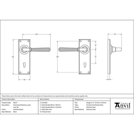 This is an image showing From The Anvil - Polished Nickel Hammered Newbury Lever Lock Set available from trade door handles, quick delivery and discounted prices