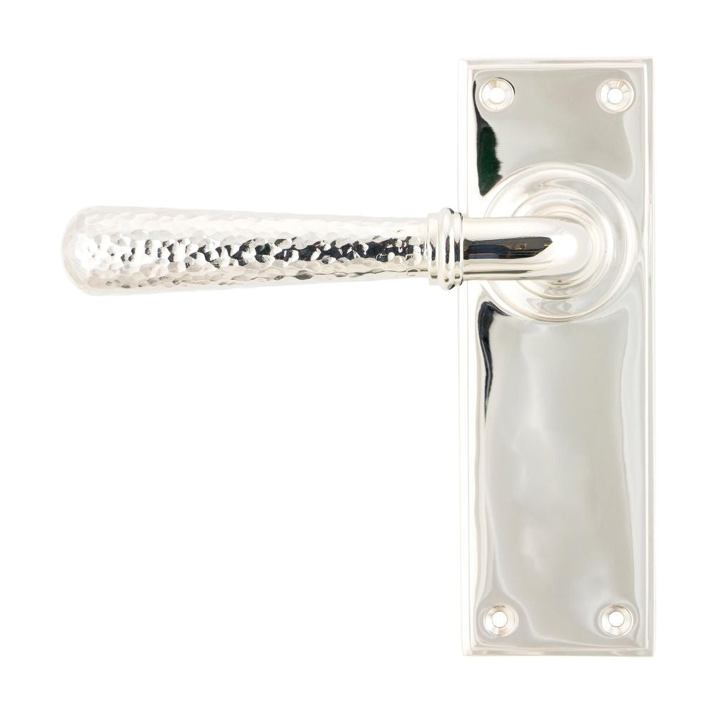 This is an image showing From The Anvil - Polished Nickel Hammered Newbury Lever Latch Set available from trade door handles, quick delivery and discounted prices