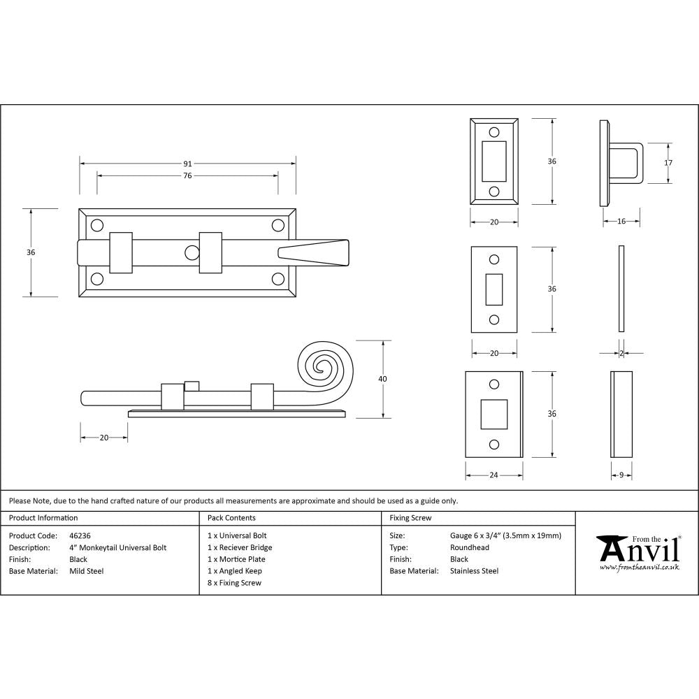 This is an image showing From The Anvil - Black 4" Monkeytail Universal Bolt available from trade door handles, quick delivery and discounted prices