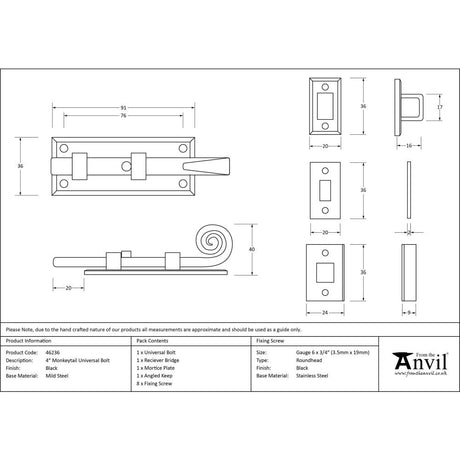 This is an image showing From The Anvil - Black 4" Monkeytail Universal Bolt available from trade door handles, quick delivery and discounted prices