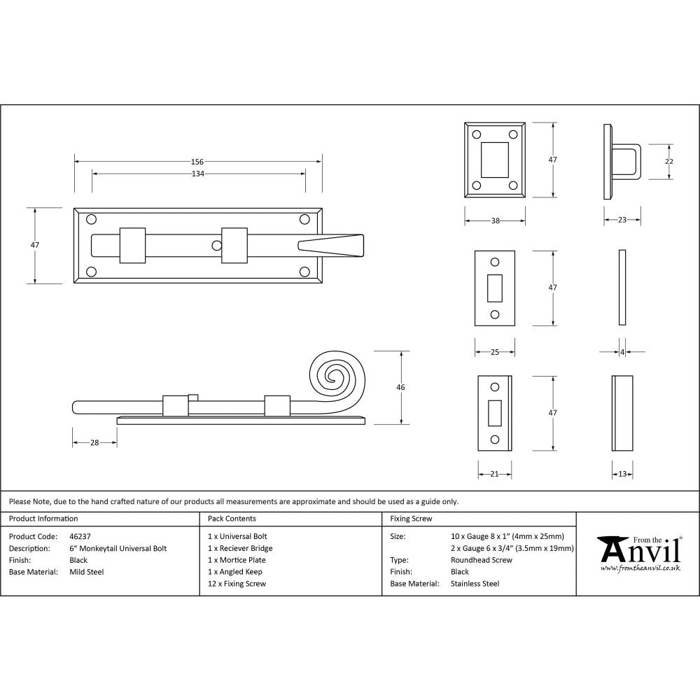 This is an image showing From The Anvil - Black 6" Monkeytail Universal Bolt available from trade door handles, quick delivery and discounted prices