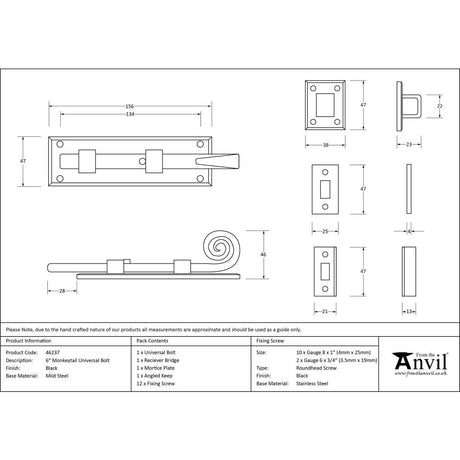 This is an image showing From The Anvil - Black 6" Monkeytail Universal Bolt available from trade door handles, quick delivery and discounted prices