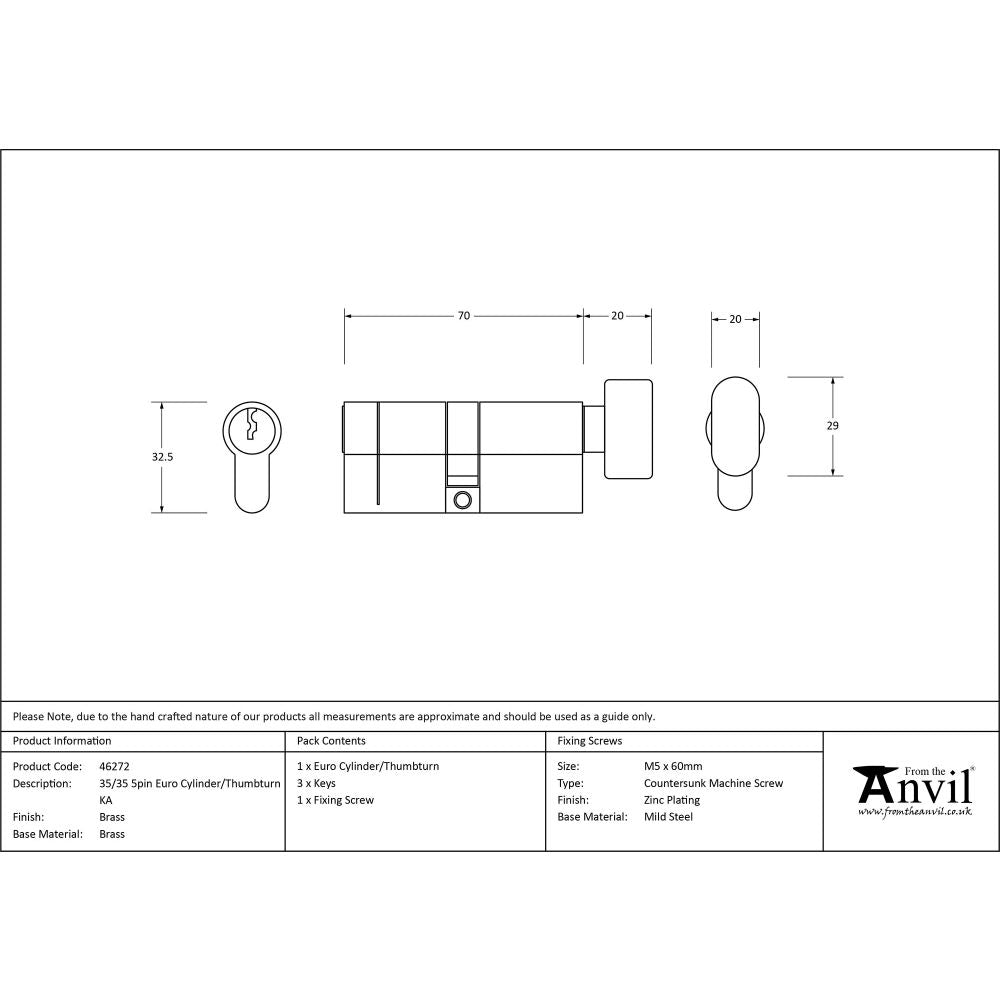 This is an image showing From The Anvil - Lacquered Brass 35/35 5pin Euro Cylinder/Thumbturn KA available from trade door handles, quick delivery and discounted prices