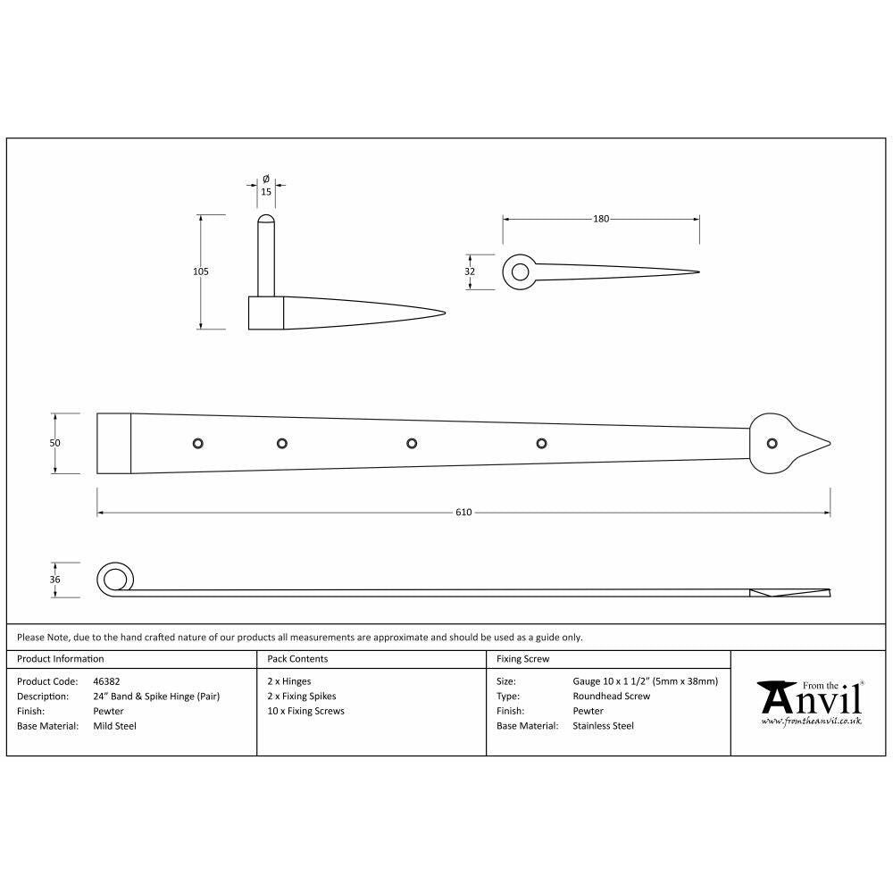 This is an image showing From The Anvil - Pewter 24" Band & Spike Hinge (Pair) available from trade door handles, quick delivery and discounted prices