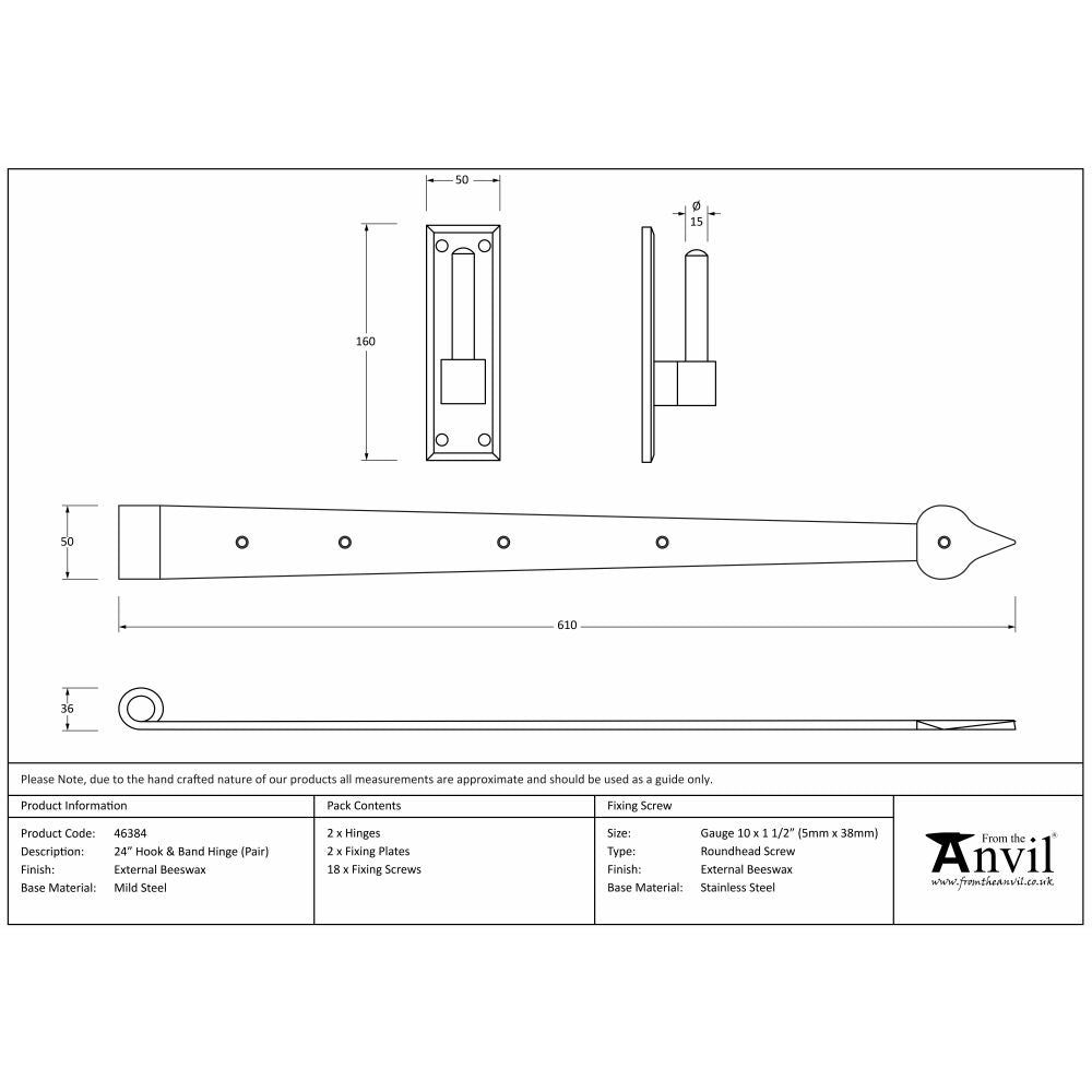 This is an image showing From The Anvil - External Beeswax 24" Hook & Band Hinge (pair) available from trade door handles, quick delivery and discounted prices