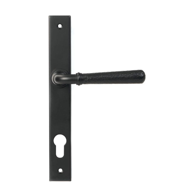 This is an image showing From The Anvil - Matt Black Hammered Newbury Slimline Espag. Lock Set available from trade door handles, quick delivery and discounted prices