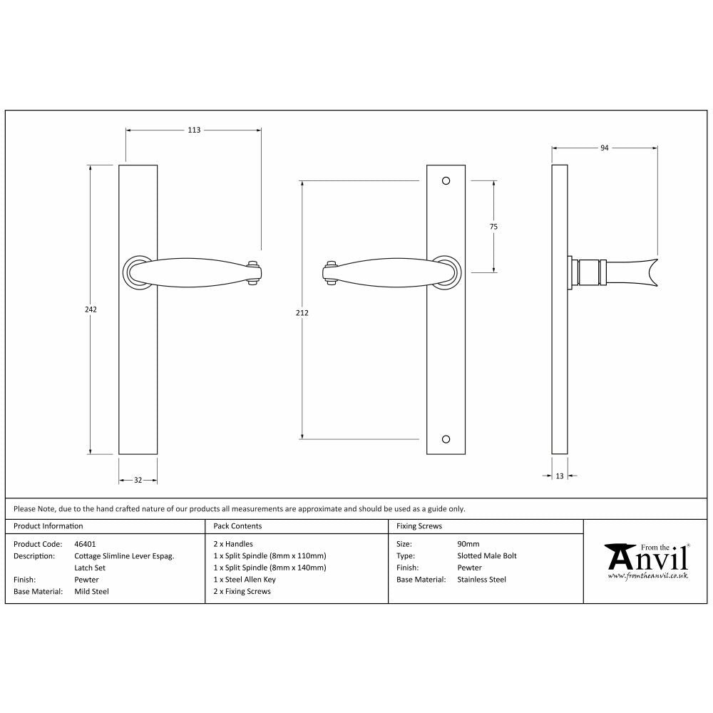 This is an image showing From The Anvil - Pewter Cottage Slimline Lever Espag. Latch Set available from trade door handles, quick delivery and discounted prices