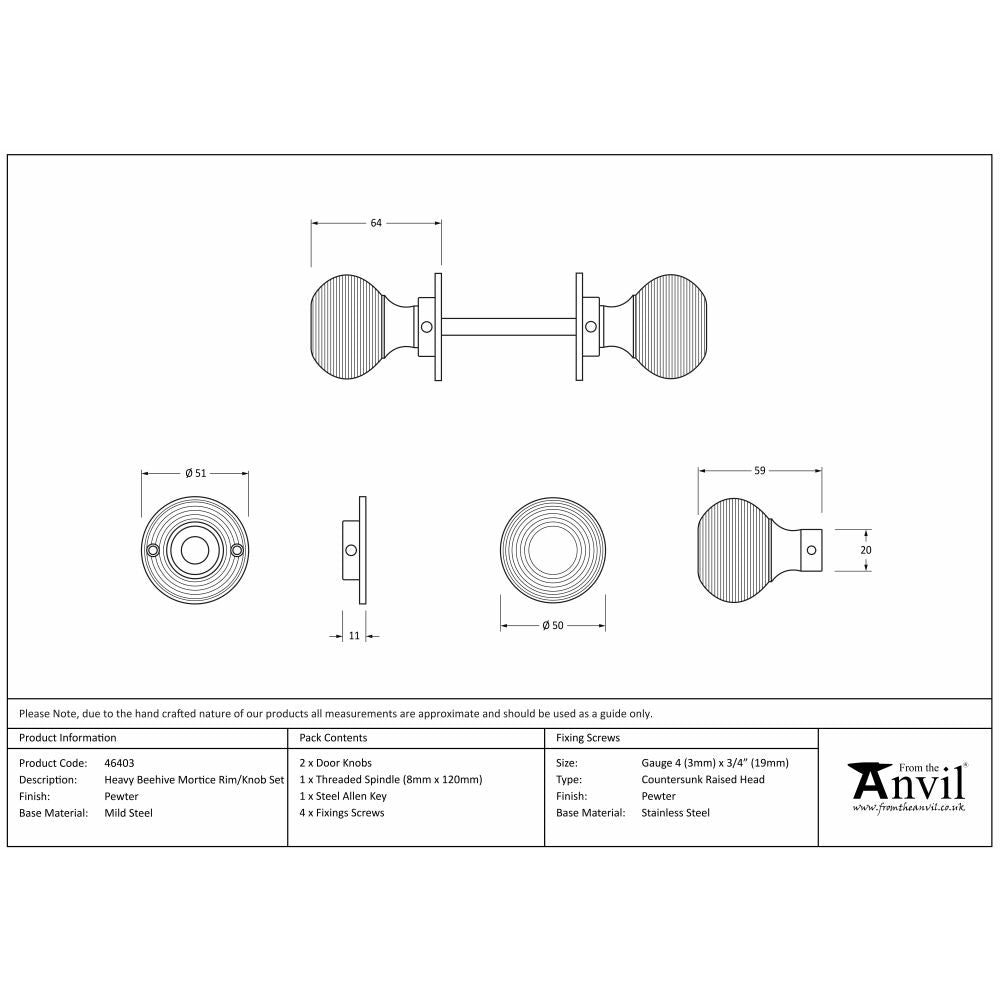 This is an image showing From The Anvil - Pewter Heavy Beehive Mortice/Rim Knob Set available from trade door handles, quick delivery and discounted prices