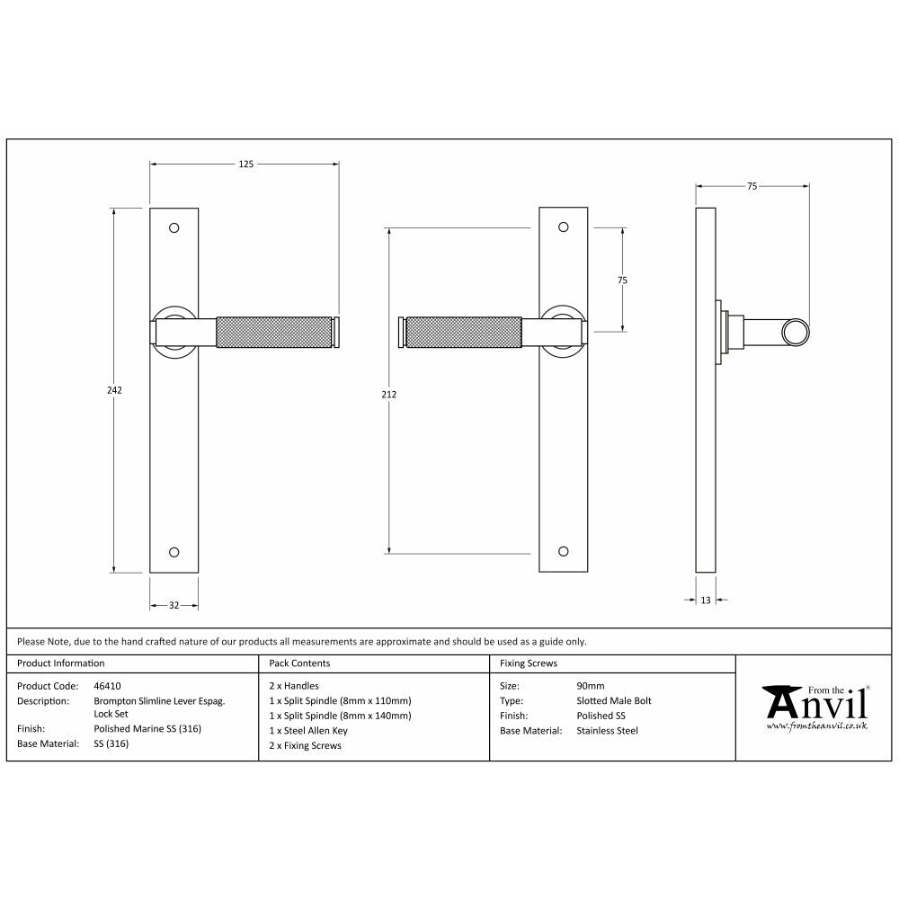 This is an image showing From The Anvil - Pol. Marine SS (316) Brompton Slimline Lever Espag. Latch Set available from trade door handles, quick delivery and discounted prices