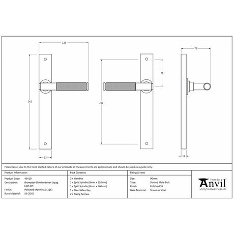 This is an image showing From The Anvil - Pol. Marine SS (316) Brompton Slimline Lever Espag. Latch Set available from trade door handles, quick delivery and discounted prices