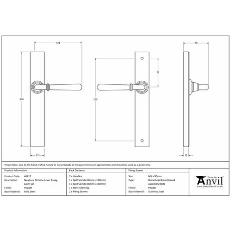 This is an image showing From The Anvil - Pewter Newbury Slimline Lever Espag. Latch Set available from trade door handles, quick delivery and discounted prices