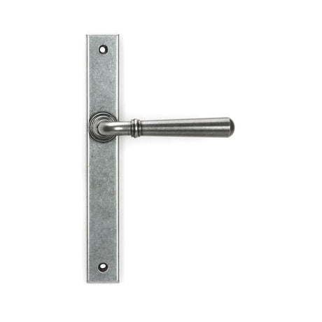 This is an image showing From The Anvil - Pewter Newbury Slimline Lever Espag. Latch Set available from trade door handles, quick delivery and discounted prices