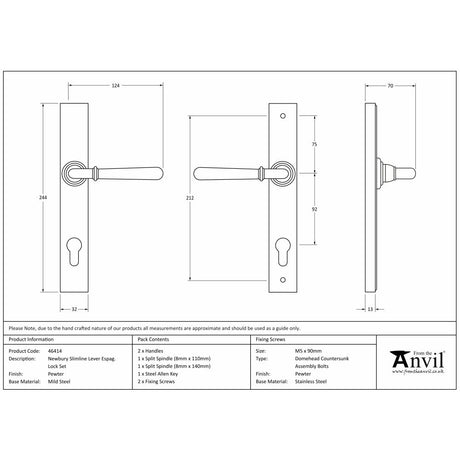 This is an image showing From The Anvil - Pewter Newbury Slimline Lever Espag. Lock Set available from trade door handles, quick delivery and discounted prices