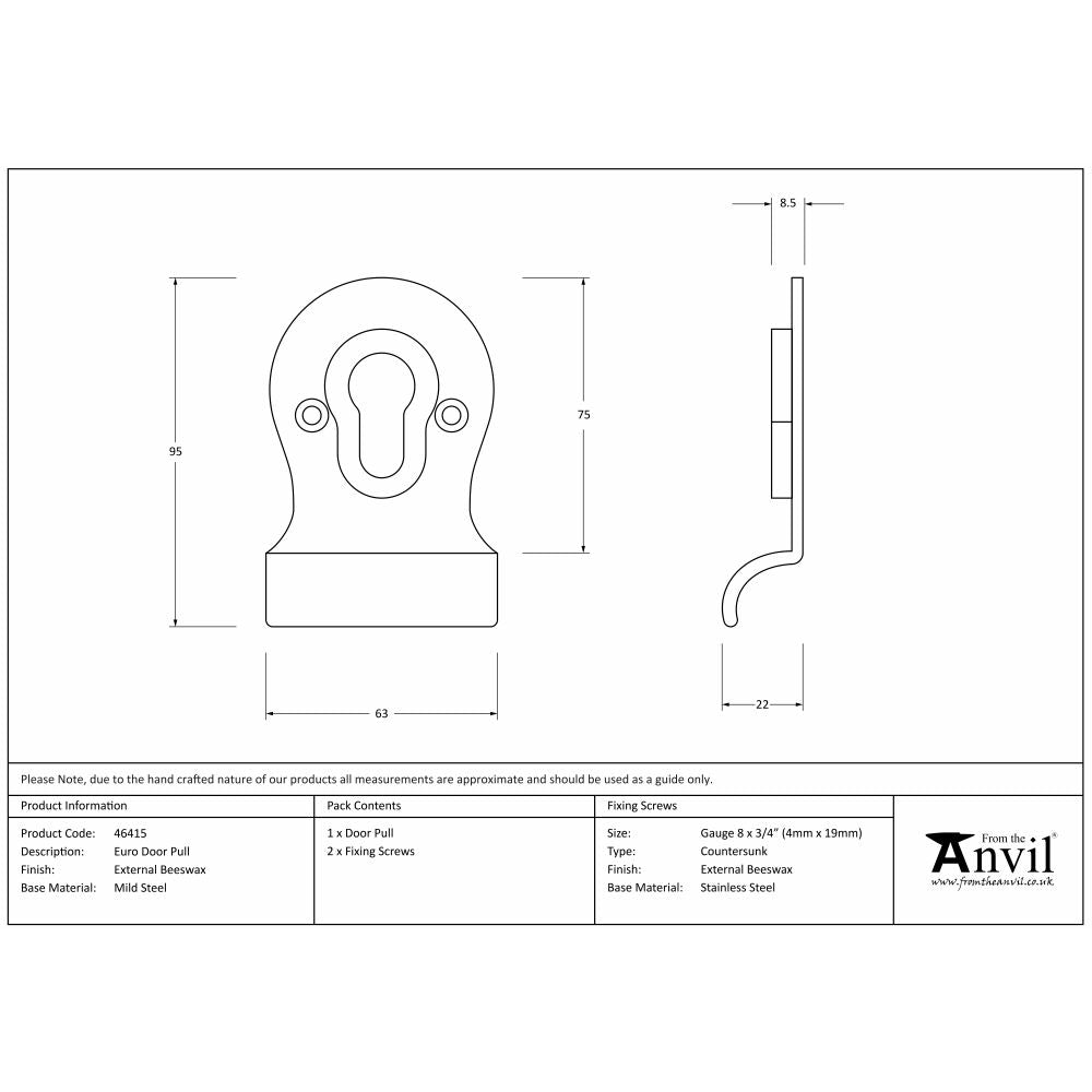 This is an image showing From The Anvil - External Beeswax Euro Door Pull available from trade door handles, quick delivery and discounted prices