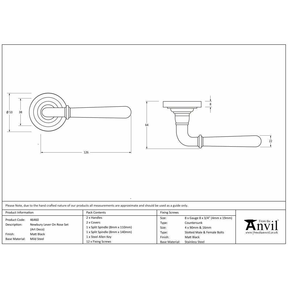 This is an image showing From The Anvil - Matt Black Newbury Lever on Rose Set (Art Deco) available from trade door handles, quick delivery and discounted prices