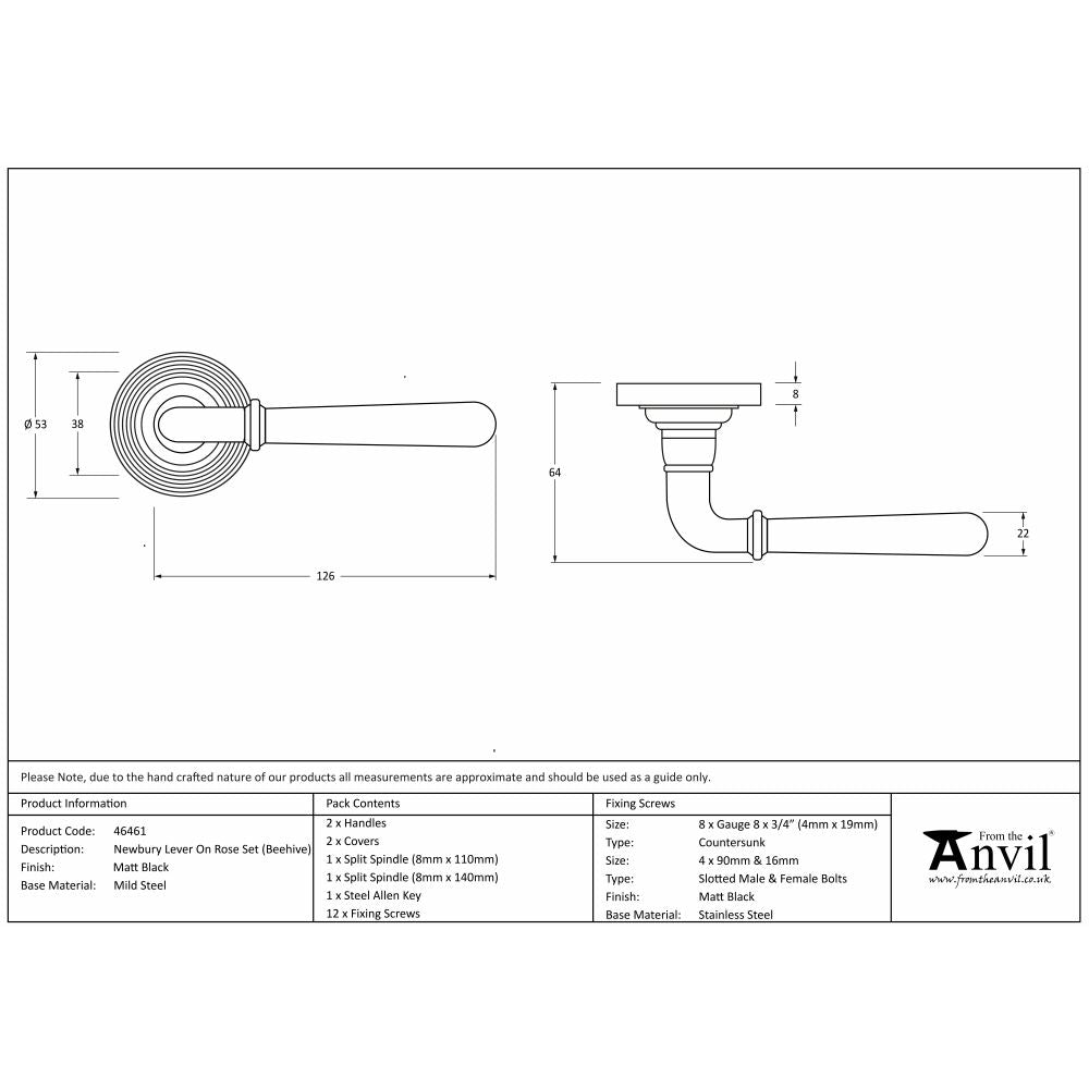 This is an image showing From The Anvil - Matt Black Newbury Lever on Rose Set (Beehive) available from trade door handles, quick delivery and discounted prices