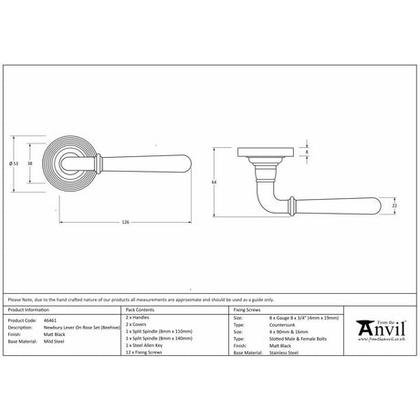 This is an image showing From The Anvil - Matt Black Newbury Lever on Rose Set (Beehive) available from trade door handles, quick delivery and discounted prices