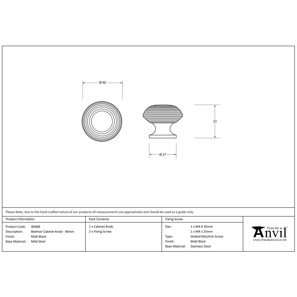 This is an image showing From The Anvil - Matt Black Beehive Cabinet Knob 40mm available from trade door handles, quick delivery and discounted prices