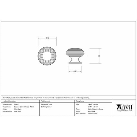 This is an image showing From The Anvil - Matt Black Beehive Cabinet Knob 40mm available from trade door handles, quick delivery and discounted prices