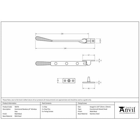 This is an image showing From The Anvil - Matt Black 8" Hammered Newbury Stay available from trade door handles, quick delivery and discounted prices