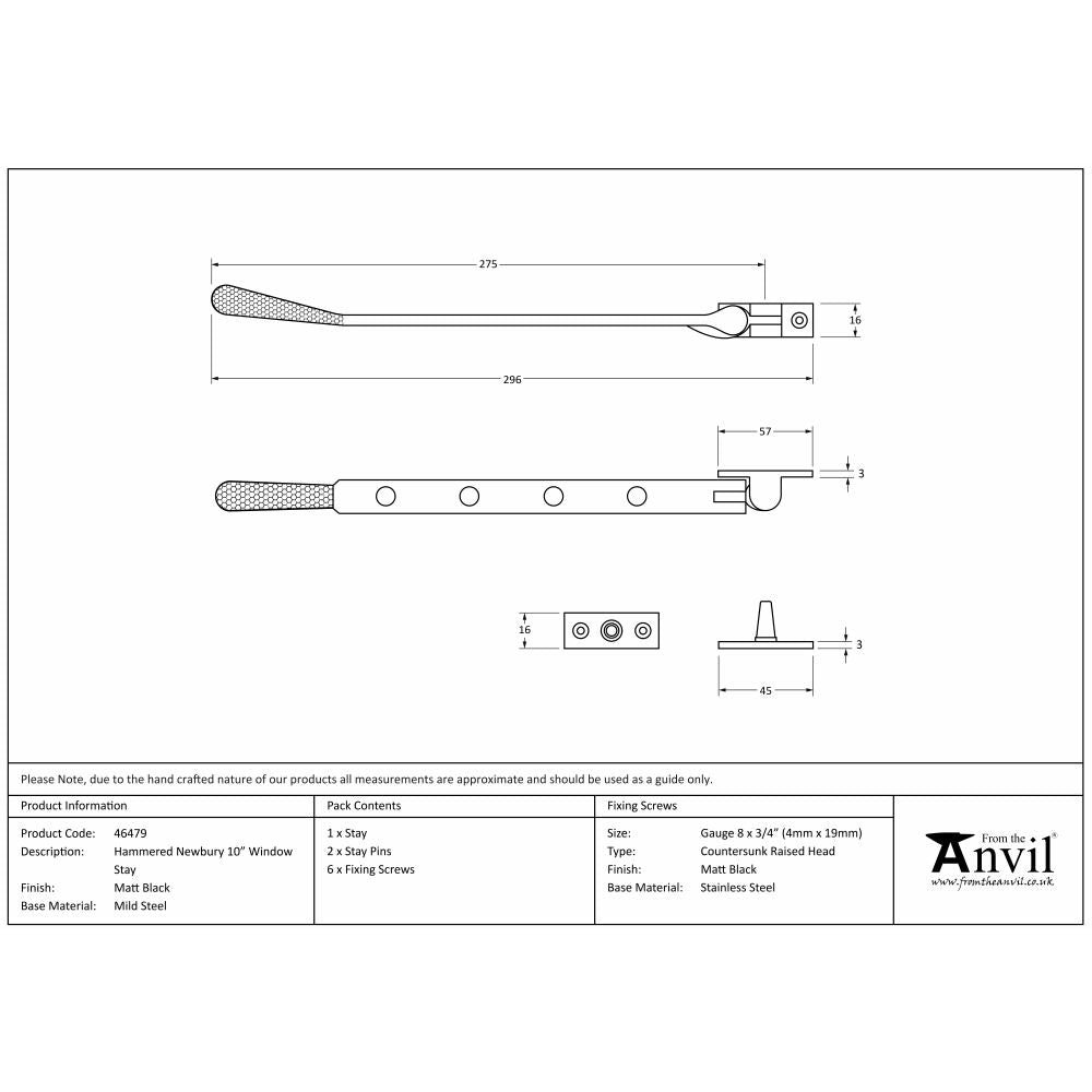 This is an image showing From The Anvil - Matt Black 10" Hammered Newbury Stay available from trade door handles, quick delivery and discounted prices