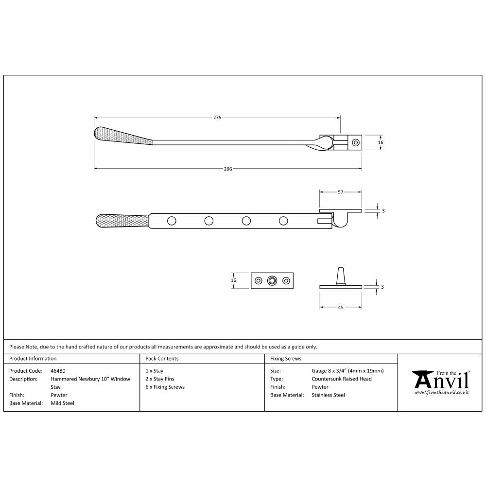 This is an image showing From The Anvil - Pewter 10" Hammered Newbury Stay available from trade door handles, quick delivery and discounted prices