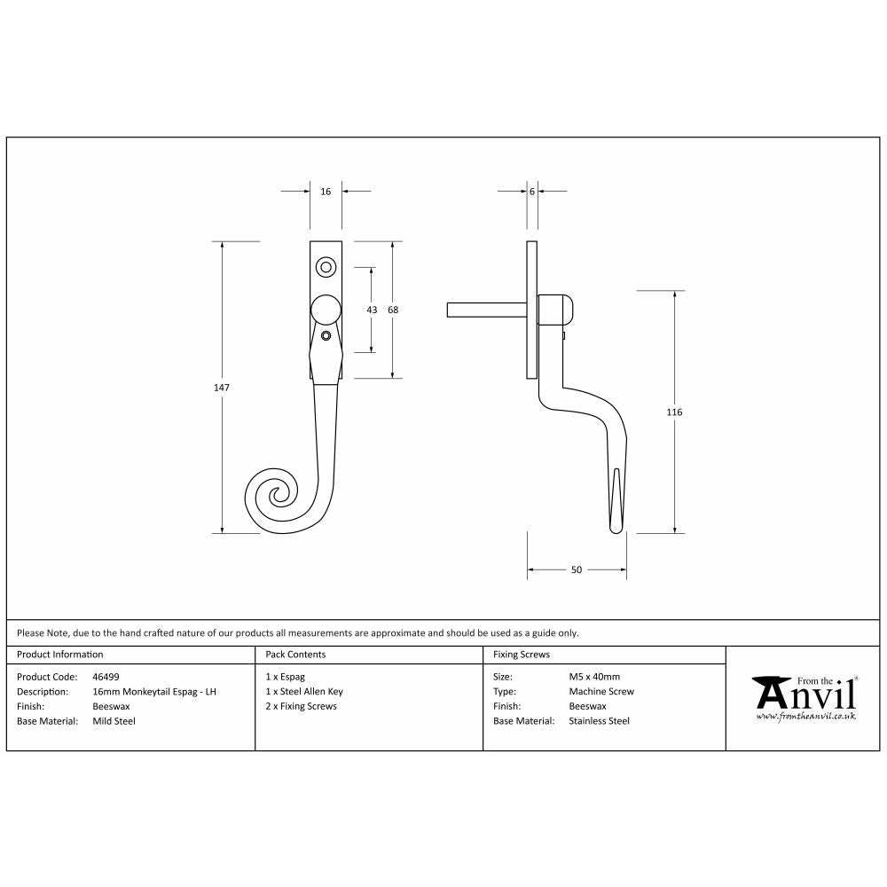 This is an image showing From The Anvil - Beeswax 16mm Monkeytail Espag - LH available from trade door handles, quick delivery and discounted prices