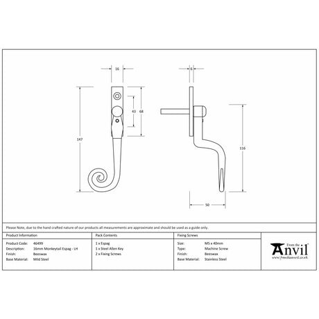 This is an image showing From The Anvil - Beeswax 16mm Monkeytail Espag - LH available from trade door handles, quick delivery and discounted prices