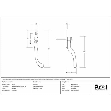 This is an image showing From The Anvil - Beeswax 16mm Peardrop Espag - RH available from trade door handles, quick delivery and discounted prices