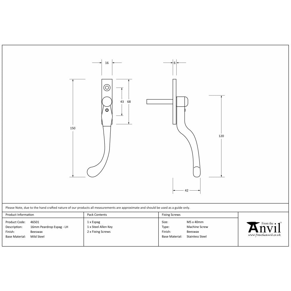 This is an image showing From The Anvil - Beeswax 16mm Peardrop Espag - LH available from trade door handles, quick delivery and discounted prices