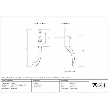 This is an image showing From The Anvil - Beeswax 16mm Peardrop Espag - LH available from trade door handles, quick delivery and discounted prices