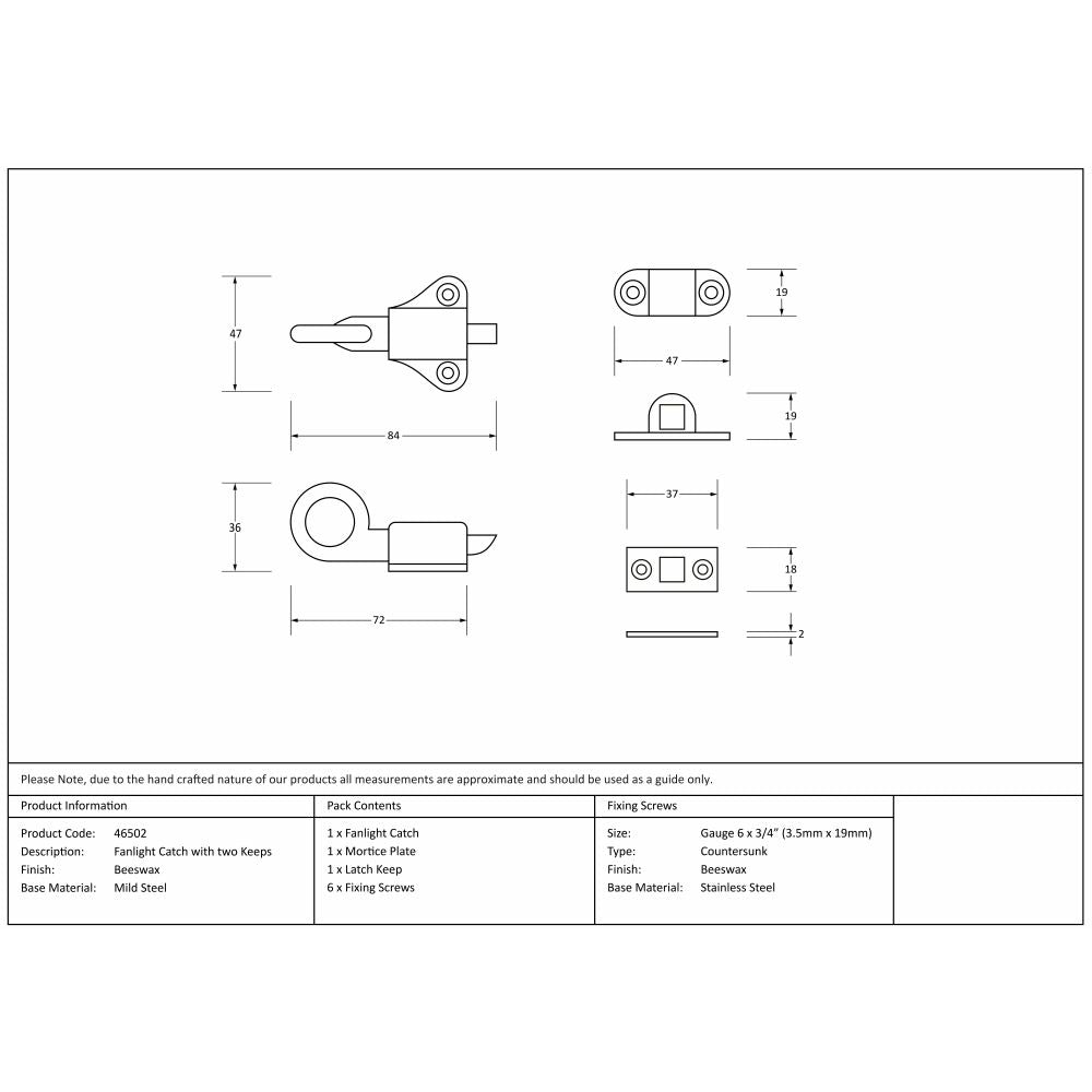 This is an image showing From The Anvil - Beeswax Fanlight Catch with two Keeps available from trade door handles, quick delivery and discounted prices