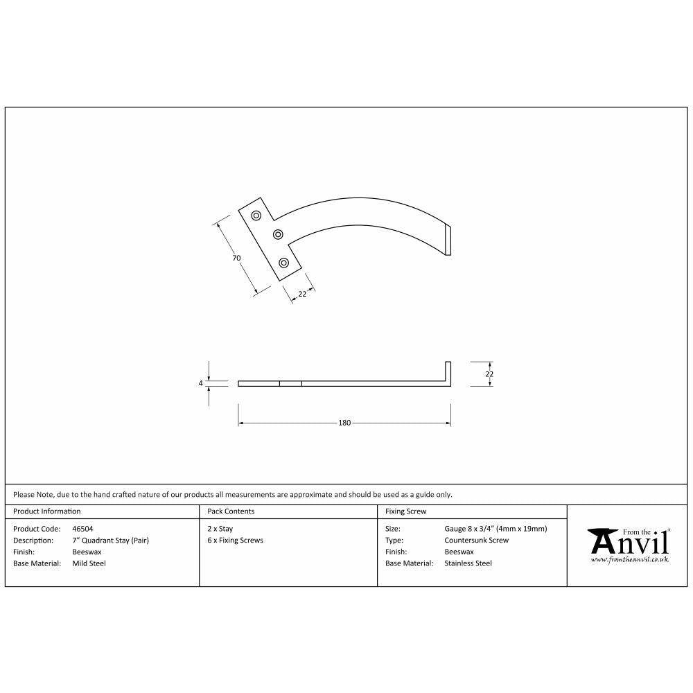 This is an image showing From The Anvil - Beeswax 7" Quadrant Stay (Pair) available from trade door handles, quick delivery and discounted prices