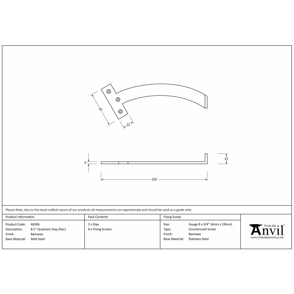 This is an image showing From The Anvil - Beeswax 8.5" Quadrant Stay (Pair) available from trade door handles, quick delivery and discounted prices