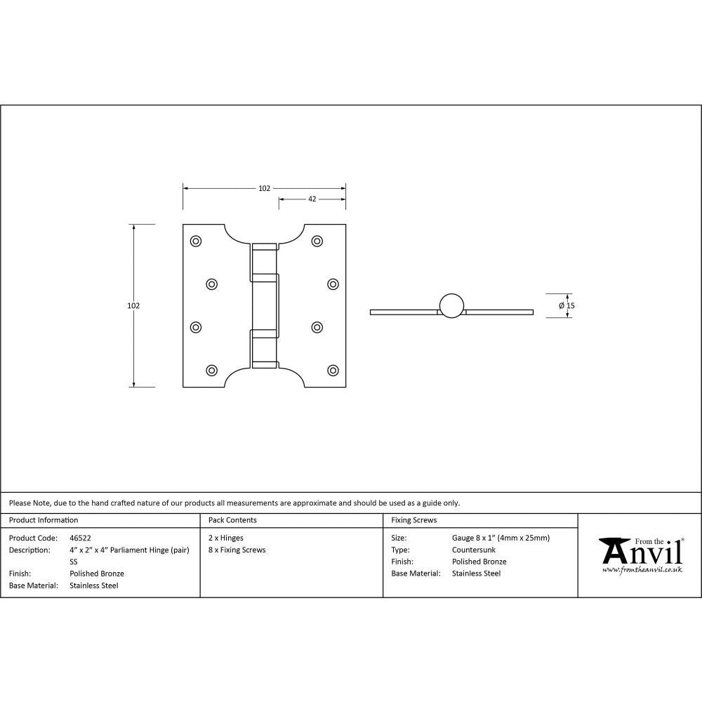 This is an image showing From The Anvil - Polished Bronze 4" x 2" x 4"  Parliament Hinge (pair) ss available from trade door handles, quick delivery and discounted prices