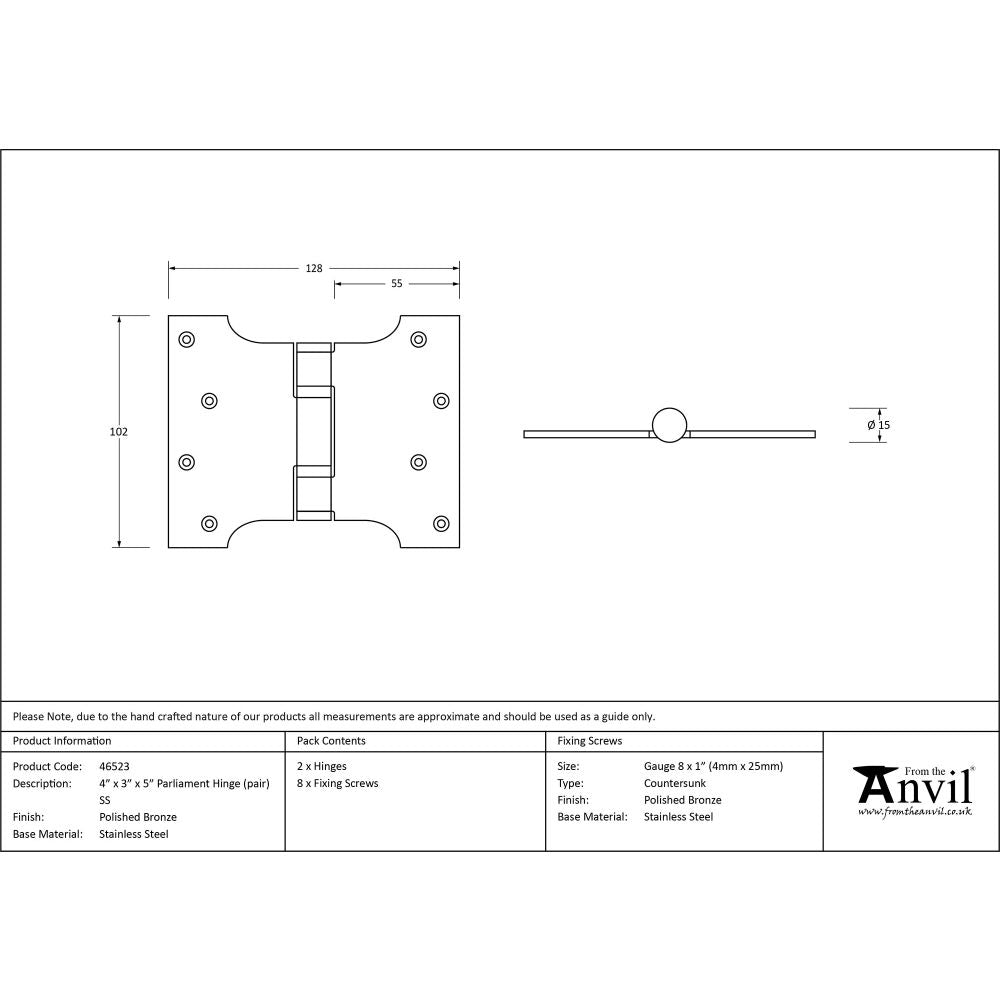 This is an image showing From The Anvil - Polished Bronze 4" x 3" x 5"  Parliament Hinge (pair) ss available from trade door handles, quick delivery and discounted prices