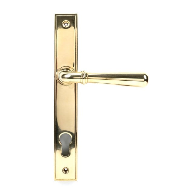 This is an image showing From The Anvil - Polished Brass Newbury Slimline Lever Espag. Lock Set available from trade door handles, quick delivery and discounted prices