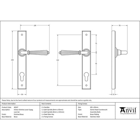 This is an image showing From The Anvil - Polished Brass Hinton Slimline Lever Espag. Lock Set available from trade door handles, quick delivery and discounted prices