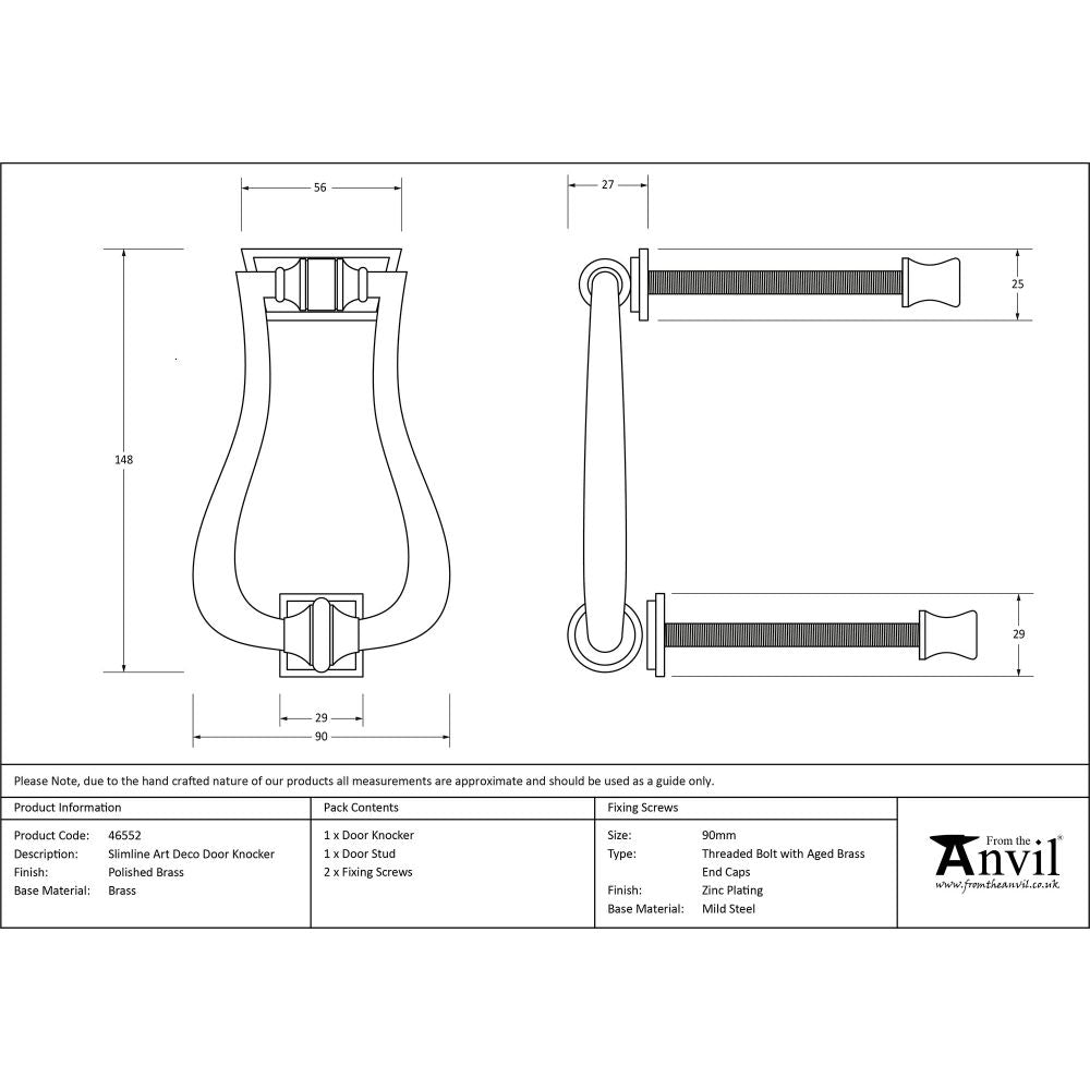 This is an image showing From The Anvil - Polished Brass Slimline Art Deco Door Knocker available from trade door handles, quick delivery and discounted prices