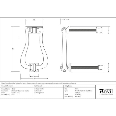 This is an image showing From The Anvil - Polished Brass Slimline Art Deco Door Knocker available from trade door handles, quick delivery and discounted prices