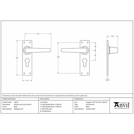 This is an image showing From The Anvil - Black Deluxe Lever Euro Lock Set available from trade door handles, quick delivery and discounted prices