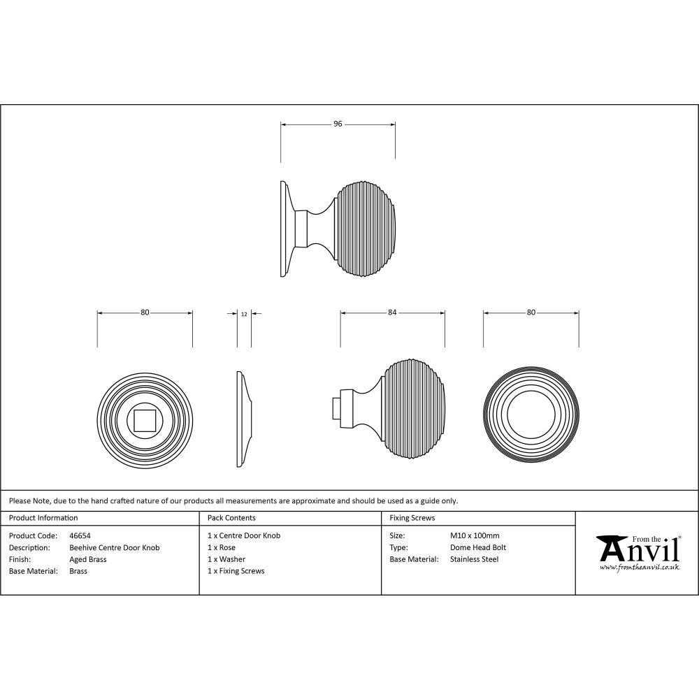 This is an image showing From The Anvil - Aged Brass Beehive Centre Door Knob available from trade door handles, quick delivery and discounted prices