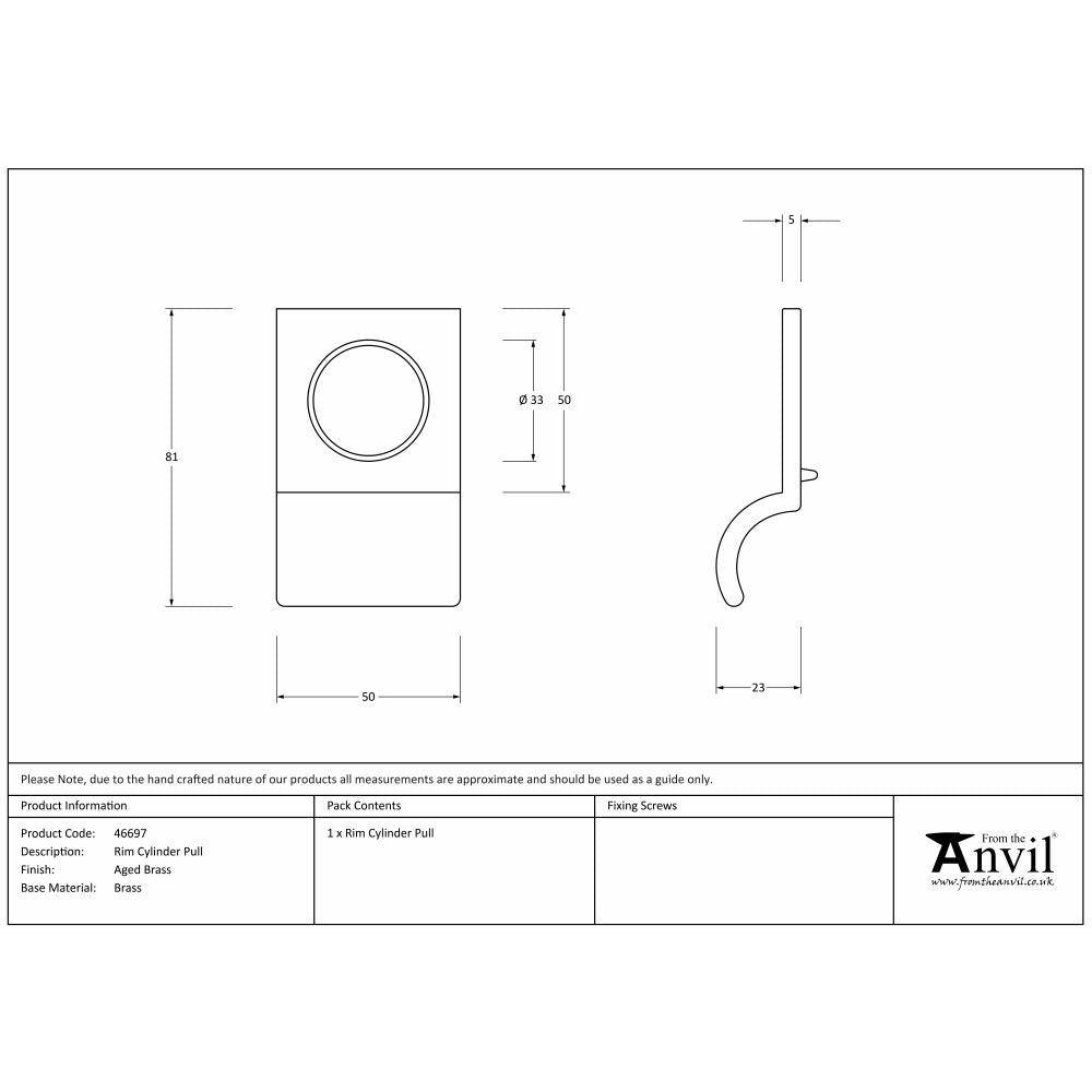 This is an image showing From The Anvil - Aged Brass Rim Cylinder Pull available from trade door handles, quick delivery and discounted prices