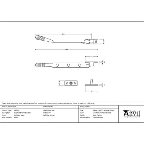 This is an image showing From The Anvil - Polished Brass 8" Reeded Stay available from trade door handles, quick delivery and discounted prices