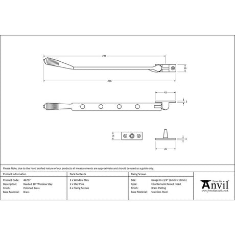 This is an image showing From The Anvil - Polished Brass 10" Reeded Stay available from trade door handles, quick delivery and discounted prices