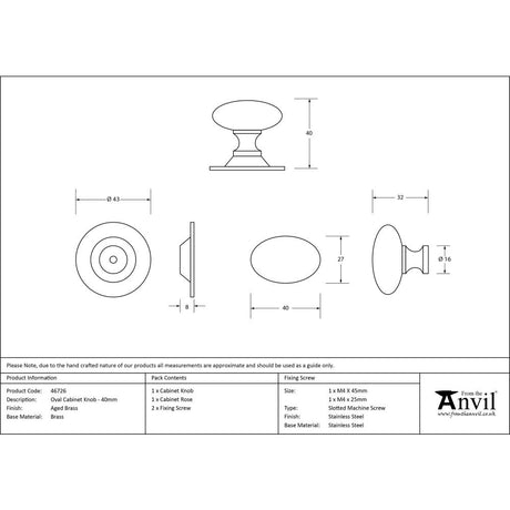 This is an image showing From The Anvil - Aged Brass Oval Cabinet Knob 40mm available from trade door handles, quick delivery and discounted prices