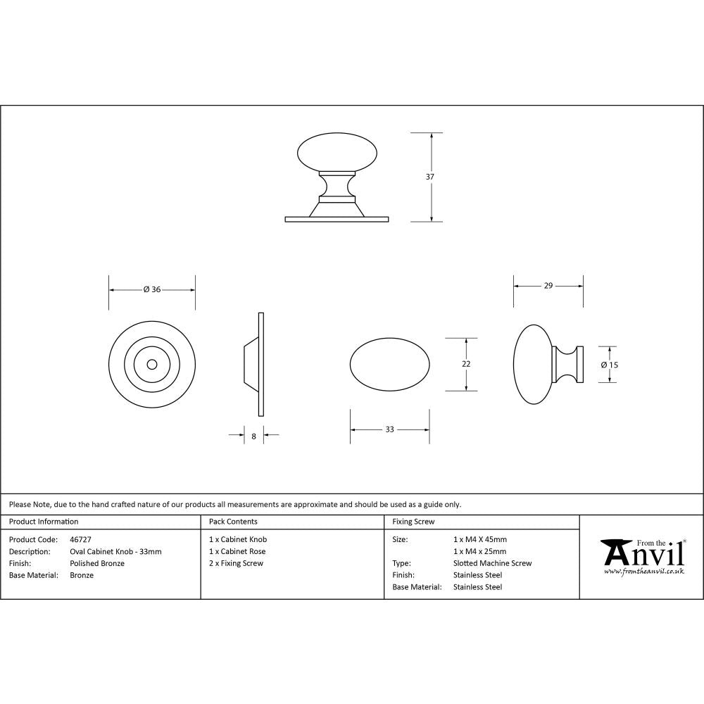 This is an image showing From The Anvil - Polished Bronze Oval Cabinet Knob 33mm available from trade door handles, quick delivery and discounted prices