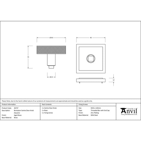 This is an image showing From The Anvil - Aged Brass Brompton Centre Door Knob (Square) available from trade door handles, quick delivery and discounted prices